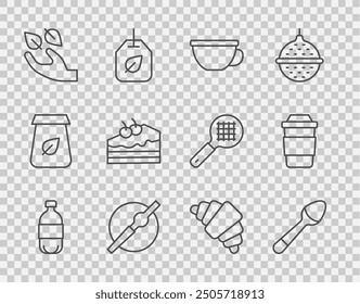 Set line Bottle of water, Teaspoon, Cup tea, Cigarette, leaf in hand, Piece cake, Croissant and  icon. Vector