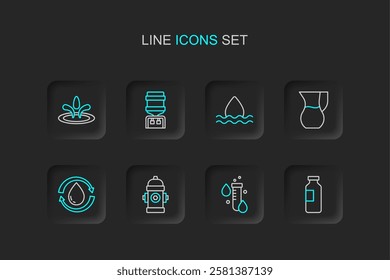 Set line Bottle of water, Test tube with drop, Fire hydrant, Recycle clean aqua, Jug glass, Water, cooler and  icon. Vector