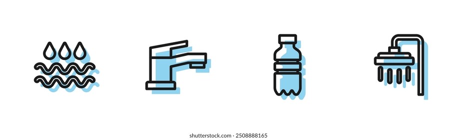 Set line Bottle of water, Wave with drop, Water tap and Shower icon. Vector