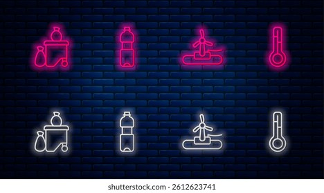 Set line Bottle of water, Wind turbine, Full dustbin and Meteorology thermometer. Glowing neon icon on brick wall. Vector