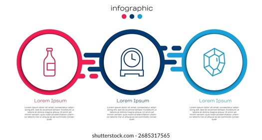 Set línea Botella de vino, reloj antiguo y piedra preciosa. Plantilla de infografía de negocios. Vector