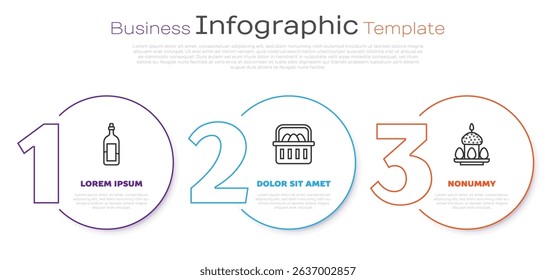 Set line Bottle of wine, Basket with easter eggs and Easter cake and eggs. Business infographic template. Vector