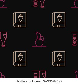Set line Bottle of wine, Book about grapes and Decanter for on seamless pattern. Vector