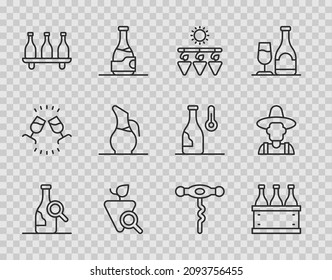 Set-Zeile Flasche Wein, Flaschen Box, Trocknen Trauben, Weintrauben, Decanter für, Wein Korkenzieher und Farmer den Hut Symbol. Vektorgrafik