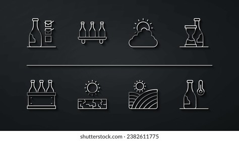 Set line Bottle of wine, Bottles box, Vineyard grapes, Drought, Wine temperature and Sun and cloud weather icon. Vector
