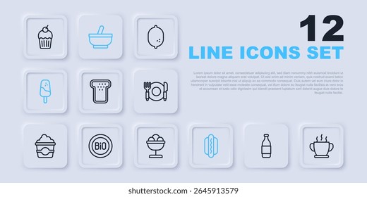 Set line Bottle of wine, Bowl hot soup, Bread toast, Hotdog, Ice cream, Banner for bio, Mortar and pestle and the bowl icon. Vector