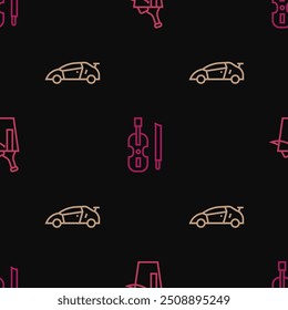 Set line Bottle of wine in bucket, Sport racing car and Violin on seamless pattern. Vector