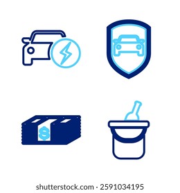 Set line Bottle of wine in bucket, Paper money dollars cash, Car protection or insurance and Electric car icon. Vector
