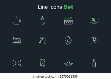 Set line Bottle of wine, Carnival mask, Scooter, Macaroni, Flag Italy, Olives, Wine glass and Coliseum icon. Vector