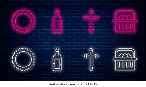 Set line Bottle of wine, Christian cross, Sun and Basket with easter eggs. Glowing neon icon on brick wall. Vector