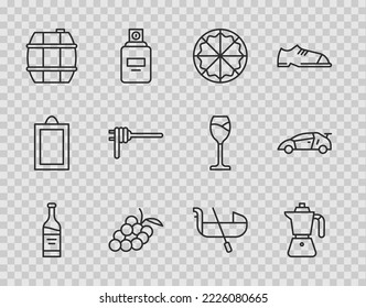 Línea Botella de vino, Café moca, Pizza, Uva, Barrel para, Pasta spaghetti, Gondola y el icono del coche de carreras Sport. Vector