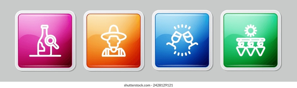 Set line Botella de vino, Sombrero del agricultor, Cata de vinos, degustación y Secado de uvas. Botón cuadrado colorido. Vector