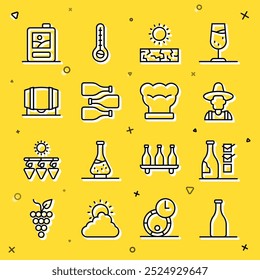 Set line Bottle of wine, Farmer the hat, Drought, Bottles, Wooden barrel for, Cardboard box and Chef icon. Vector
