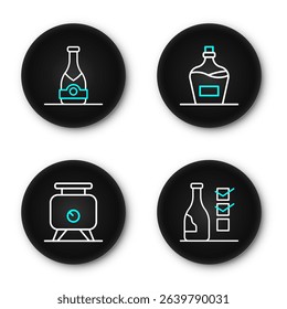 Set line Bottle of wine, Fermentation grapes, Old bottle and Champagne icon. Vector