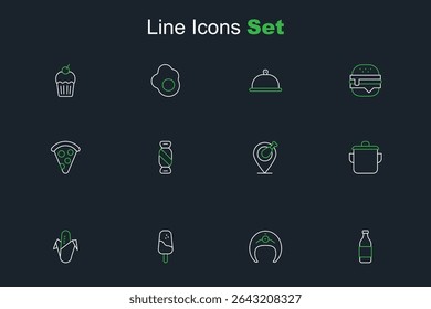 Set line Bottle of wine, Fish steak, Ice cream, Corn, Cooking pot, Chicken leg, Candy and Slice pizza icon. Vector