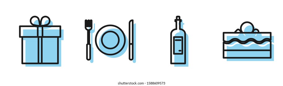 Set line Bottle of wine , Gift box , Plate, fork and knife  and Cake  icon. Vector