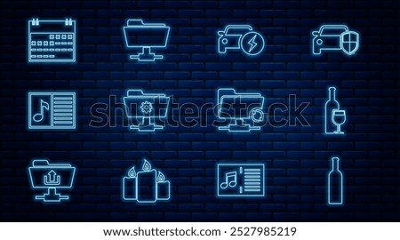 Set line Bottle of wine, Wine bottle with glass, Electric car, FTP settings folder, Music book note, Calendar, sync refresh and  icon. Vector