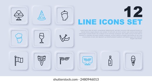 Set line Bottle of wine, Ice cream waffle, Wine glass, Carnival mask, Italian cook, Slice pizza and  icon. Vector