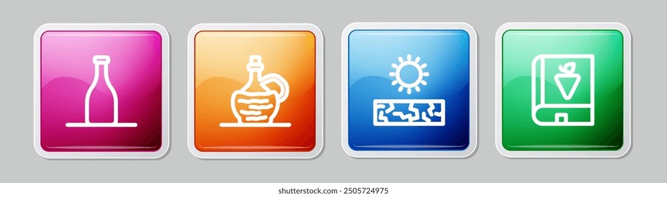 Set line Bottle of wine, Wine italian fiasco bottle, Drought and Book about grapes. Colorful square button. Vector