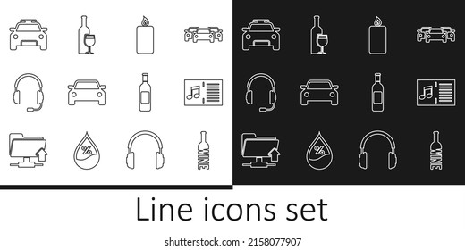 Set line Bottle of wine, Music book with note, Burning candle, Car, Headphones microphone, Police car flasher,  and Wine bottle glass icon. Vector