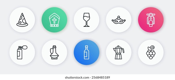 Set line Bottle of wine, Scooter, Perfume, Coffee maker moca pot, Carnival mask, Wine glass, Grape fruit and olive oil icon. Vector