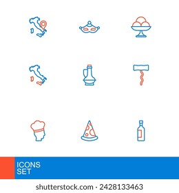 Set line Bottle of wine, Slice pizza, Italian cook, Wine corkscrew, Map Italy, olive oil, Ice cream the bowl and Carnival mask icon. Vector
