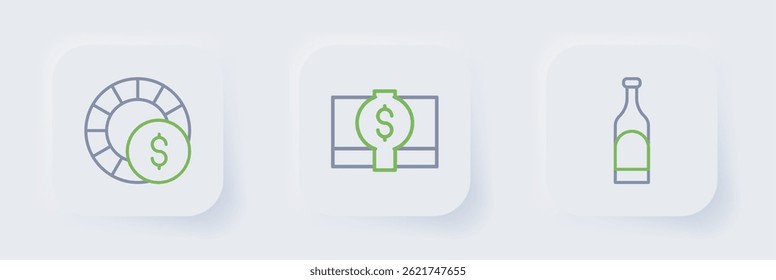 Set line Bottle of wine, Stacks paper money cash and Casino chips icon. Vector
