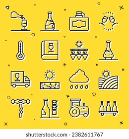 Línea Botella de vino, Uvas de viñas, Decantador para, Caja de cartón, Libro sobre, Termómetro de meteorología, Prueba de vino, Icono de deguestación y secado. Vector