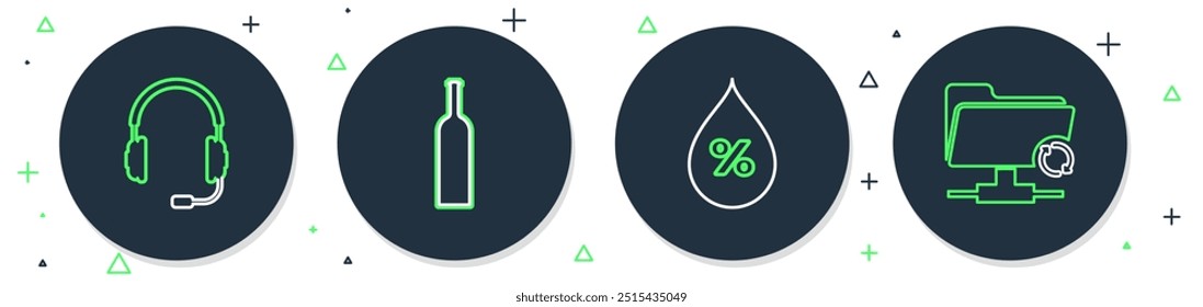 Set line Bottle of wine, Water drop percentage, Headphones with microphone and FTP sync refresh icon. Vector