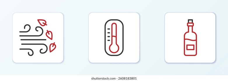Set line Bottle of wine, Windy weather and Thermometer icon. Vector