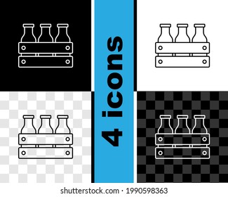 Set line Bottled milk packed in wooden box icon isolated on black and white, transparent background.  Vector
