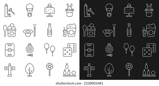 Set line Bottles ball, Game dice, Popcorn in box and glass, Magic on table, hat wand, Ice cream bowl, Striker attraction with hammer and of water icon. Vector