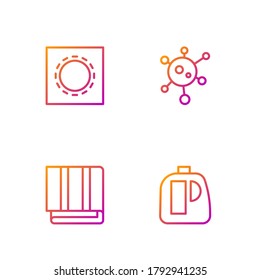 Fijar botellas de línea para agente de limpieza, pila de toallas, paquete de preservativos sexo seguro y virus. Iconos de color de degradado. Vector
