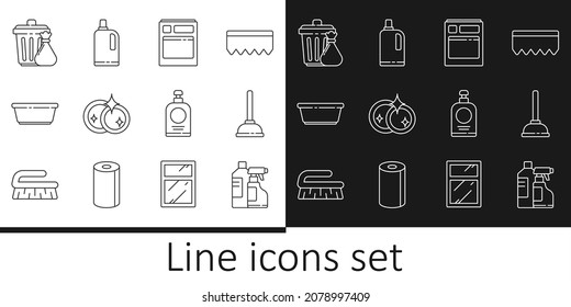 Set line Bottles for cleaning agent, Rubber plunger, Kitchen dishwasher machine, Washing dishes, Plastic basin, Trash can and garbage bag, Hand sanitizer bottle and Fabric softener icon. Vector