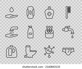 Set line Bottles for cleaning agent, Underwear, of liquid antibacterial soap, Toilet bowl, Washing hands with, Virus and Water tap icon. Vector