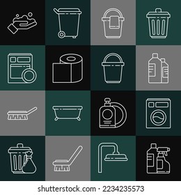 Set line Bottles for cleaning agent, Washer, Bucket with rag, Toilet paper roll, Kitchen dishwasher machine, Washing hands soap and  icon. Vector