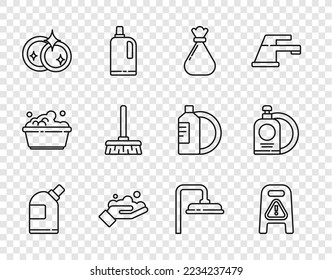 Set line Bottles for cleaning agent, Wet floor and progress, Garbage bag, Washing hands with soap, dishes, Handle broom, Shower head and Dishwashing liquid bottle plate icon. Vector