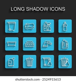 Set line Bottles for cleaning agent, Trash can, and garbage bag, Brush,  and Water tap icon. Vector