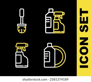 Set line Bottles for cleaning agent, Dishwashing liquid bottle and plate, Spray with detergent and Toilet brush icon. Vector