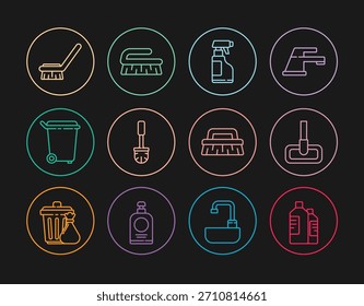 Fije las botellas de la línea para el agente de limpieza, la fregona, la botella del espray con el líquido detergente, el cepillo del retrete, la basura, el cepillo, y el icono. Vector
