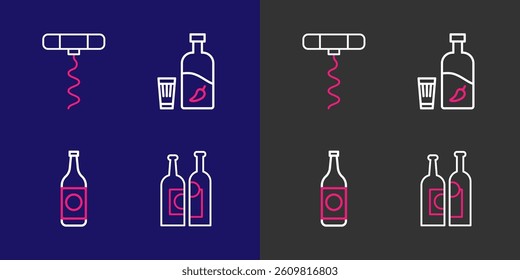 Set line Bottles of wine, Beer bottle, Vodka with pepper and glass and Wine corkscrew icon. Vector
