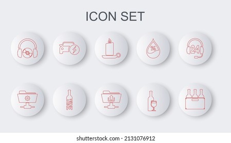 Fijar la línea Botellas de vino en caja, carpeta de configuración FTP, Candelabro de velas de quemadura, Botella de vino con vidrio, CD o DVD de audífonos, Auto eléctrico e icono de carga. Vector