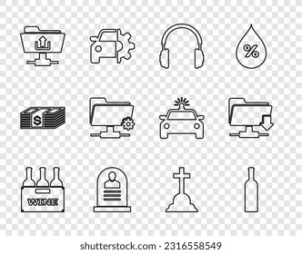 Set line Bottles of wine in box, Headphones, Tombstone with RIP written, FTP folder upload, settings, cross and download icon. Vector