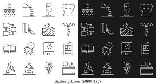 Set line Bottles of wine in box, Cardboard, Wine corkscrew, glass, tasting, degustation, Drying grapes and Vineyard icon. Vector