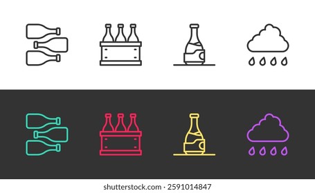 Set line Bottles of wine, box,  and Cloud with rain on black and white. Vector