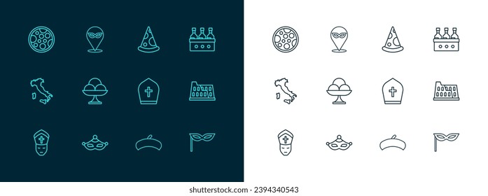 Set line Bottles of wine, Carnival mask, Pope hat, French beret, Ice cream the bowl, Slice pizza, Pizza and  icon. Vector