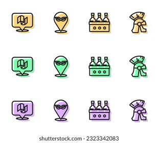 Set line Bottles of wine, Flag Italy, Carnival mask and Roman army helmet icon. Vector