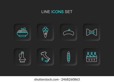 Set line Bottles of wine, French baguette bread, Map Italy, olive oil, Macaroni, beret, Ice cream waffle and Pasta spaghetti icon. Vector