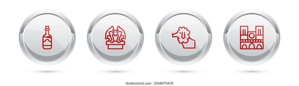 Set line Bottles of wine, Gargoyle on pedestal, Poodle dog and Notre Dame. Silver circle button. Vector