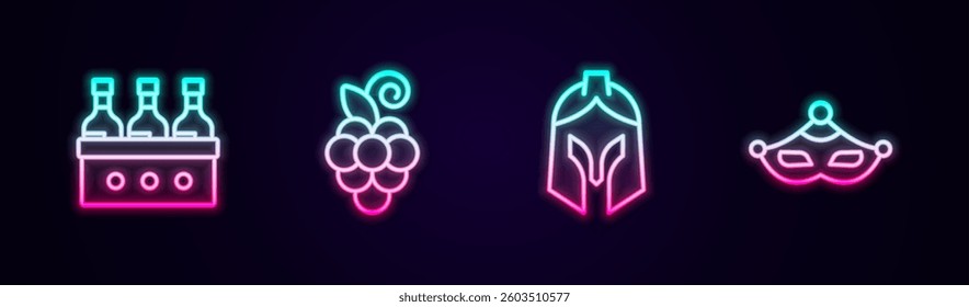 Set line Bottles of wine, Grape fruit, Roman army helmet and Carnival mask. Glowing neon icon. Vector
